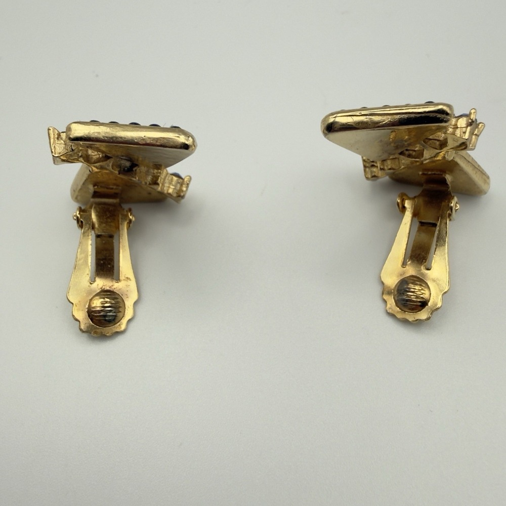 Geometric Clip On Earrings Gold Tone Navy Blue Beaded Light Blue Rhinestone 1.5" - Picture 4 of 9
